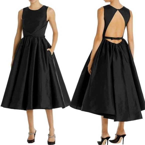 AMSALE Tafetta Boat Neck Sleeveless Fit & Flare Dress Black Formal - Picture 1 of 7